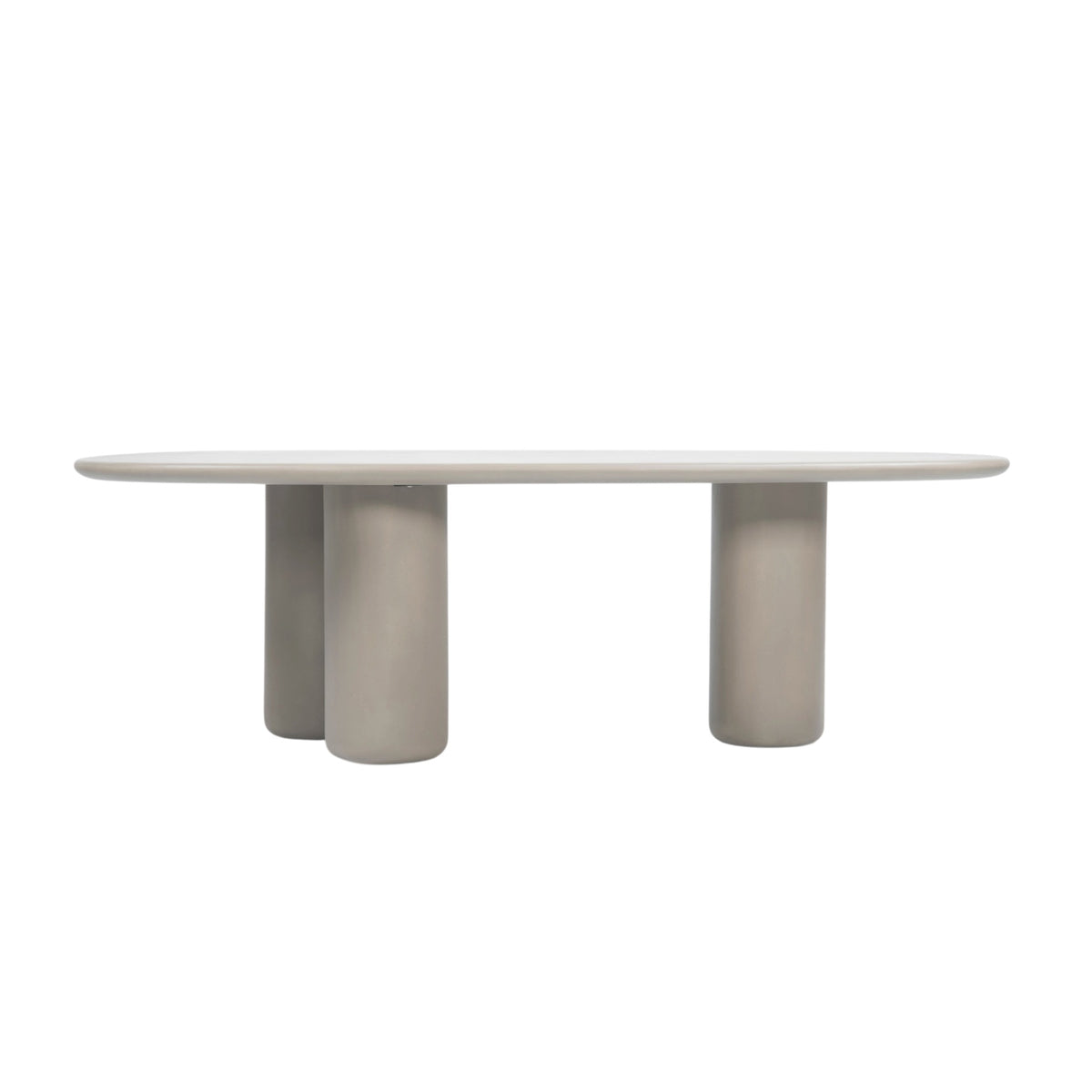 Side view of Triad 215 cm low dining table in Wasabi showing rounded tabletop and cylindrical supports