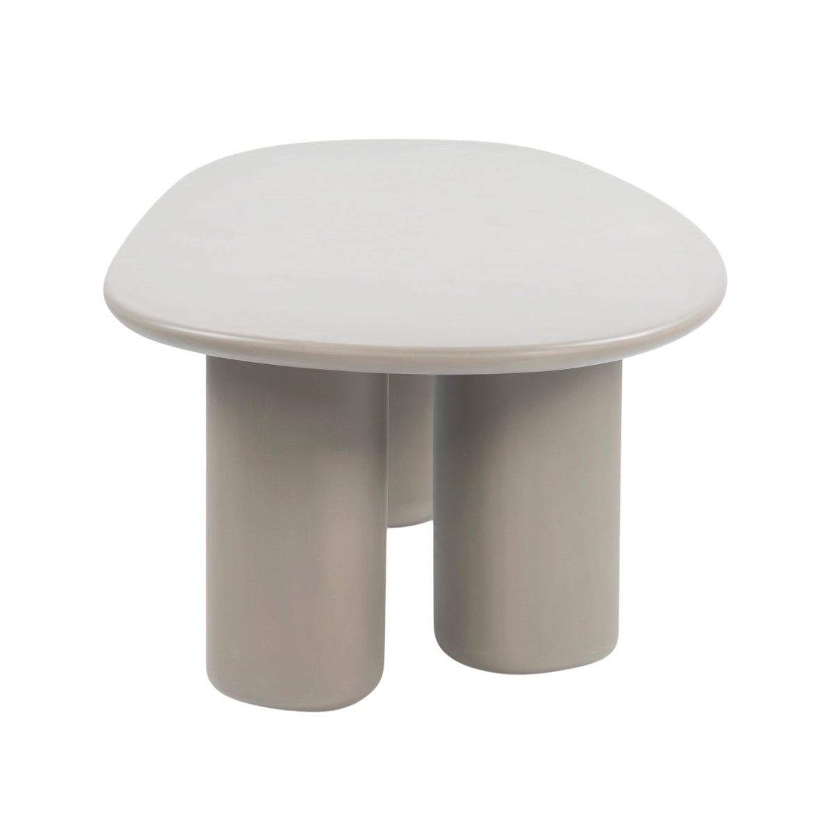 End view of Triad 215 cm concrete low dining table in Wasabi showing its sculptural pedestal design