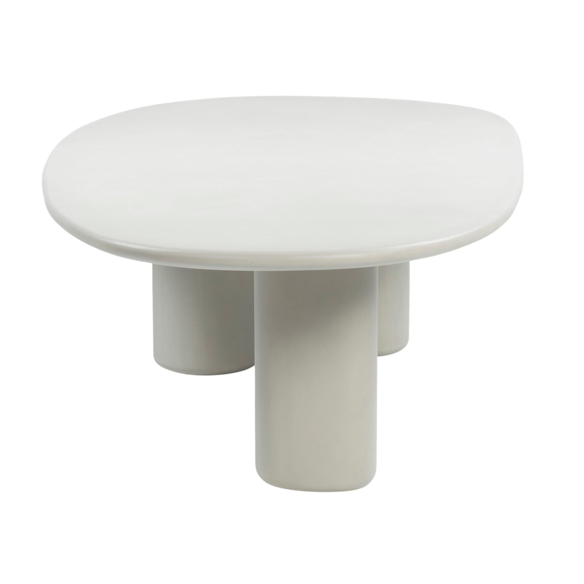 End view of Triad 280 cm low dining table in Linen with softly rounded tabletop and cylindrical concrete legs