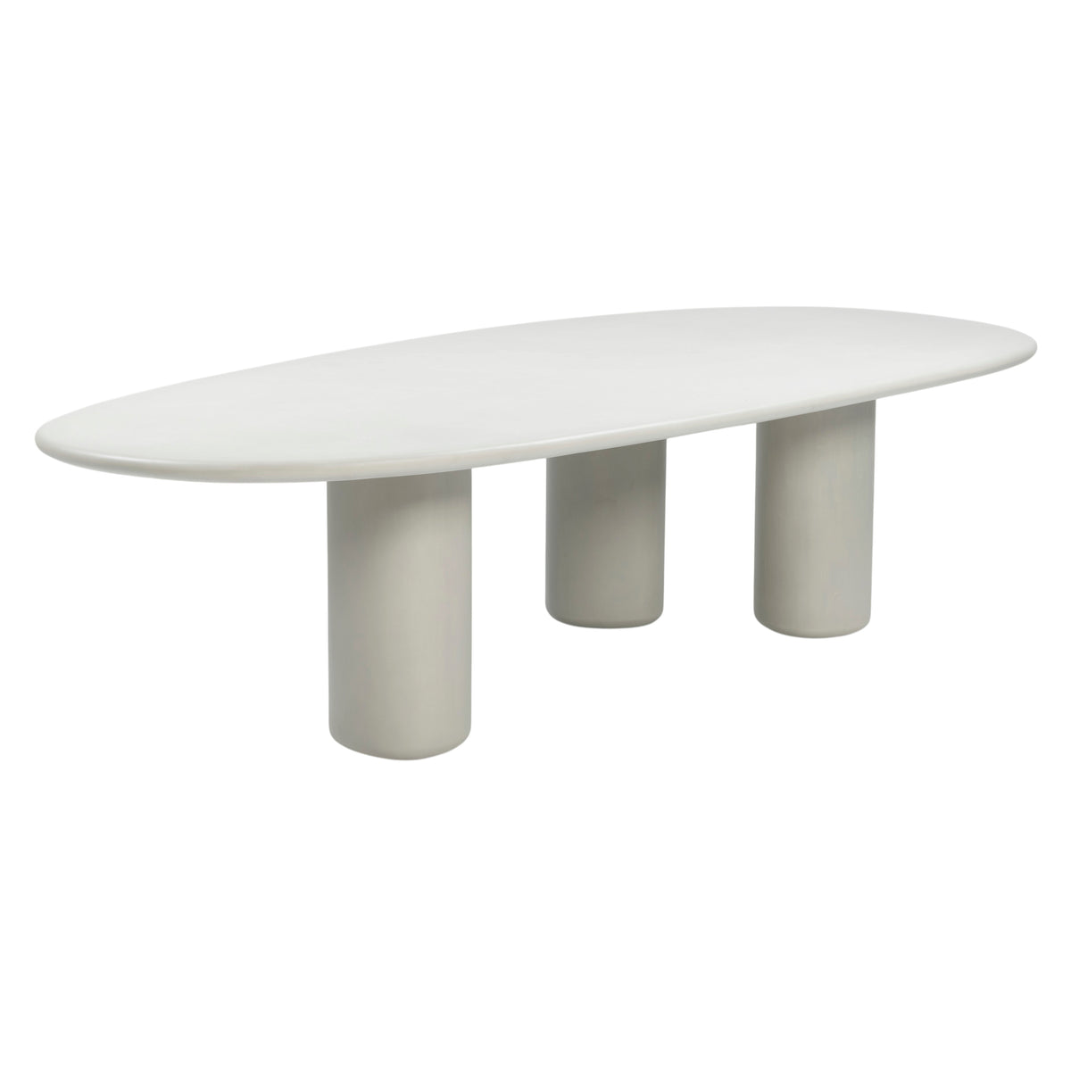 Curve Triad 280 cm low outdoor dining table in Linen varnished concrete with rounded tabletop and three cylindrical legs