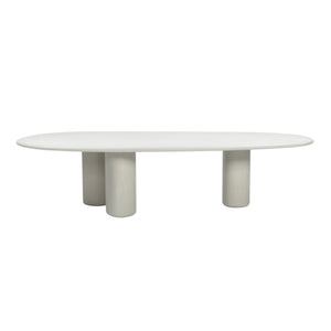 Side profile of Triad 280 cm low dining table in Linen showing the elongated tabletop and pedestal arrangement