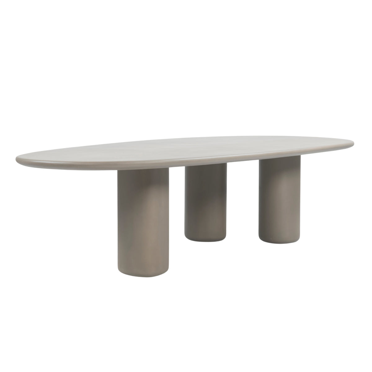 Curve Triad 280 cm low outdoor dining table in Wasabi varnished concrete with rounded tabletop and three cylindrical legs