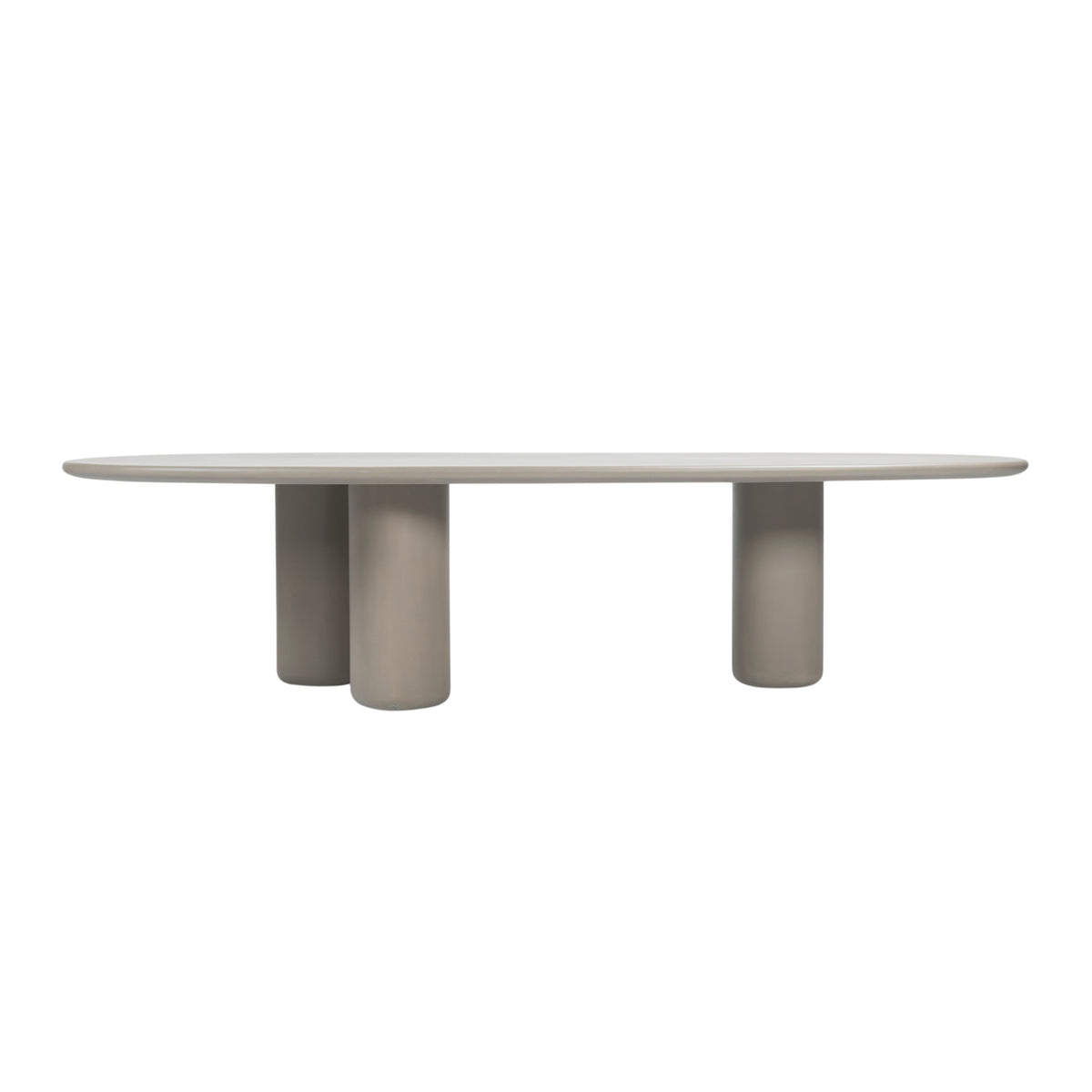 Side view of 280 cm Triad low dining table in Wasabi showing long rounded tabletop and pedestal legs