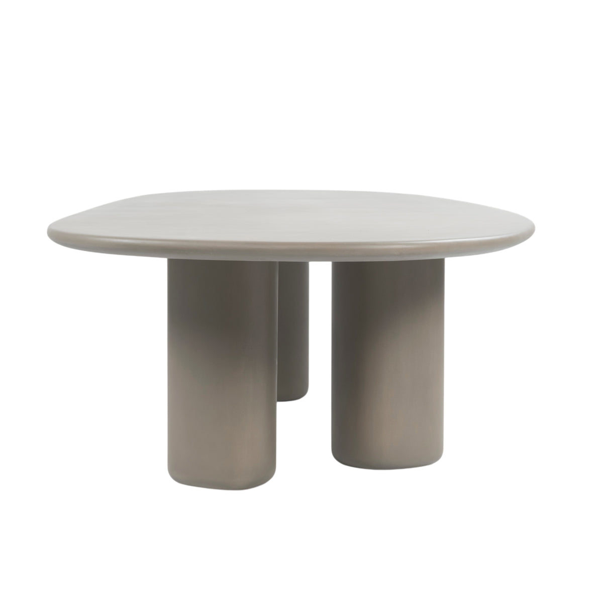 End view of Triad 280 cm concrete low dining table in Wasabi showing curved tabletop and cylindrical supports