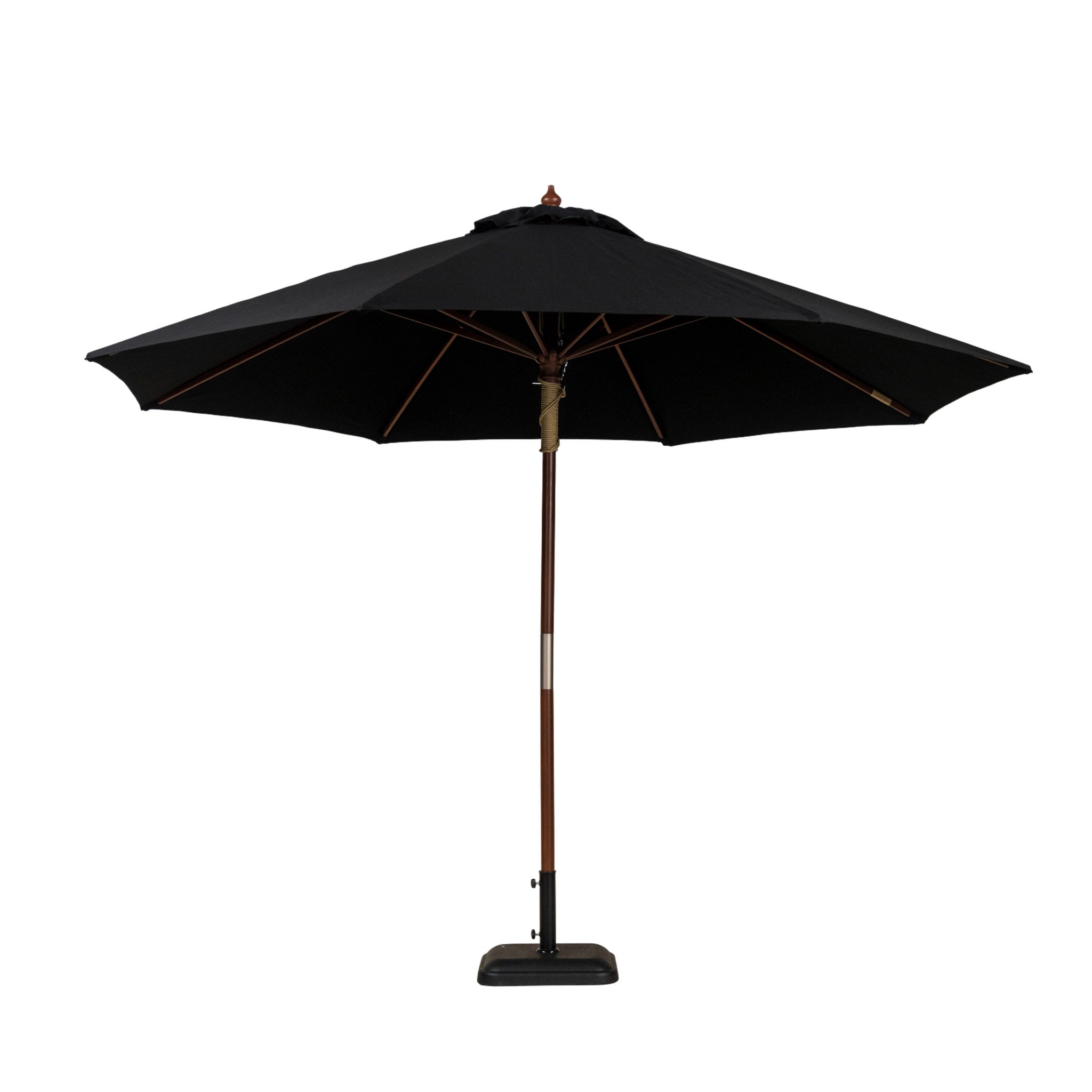 Dixon round market umbrella with black Sauleda Mascara canopy.