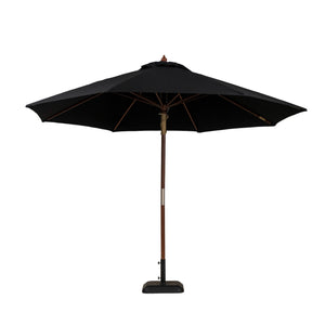 Dixon round market umbrella with black Sauleda Mascara canopy.