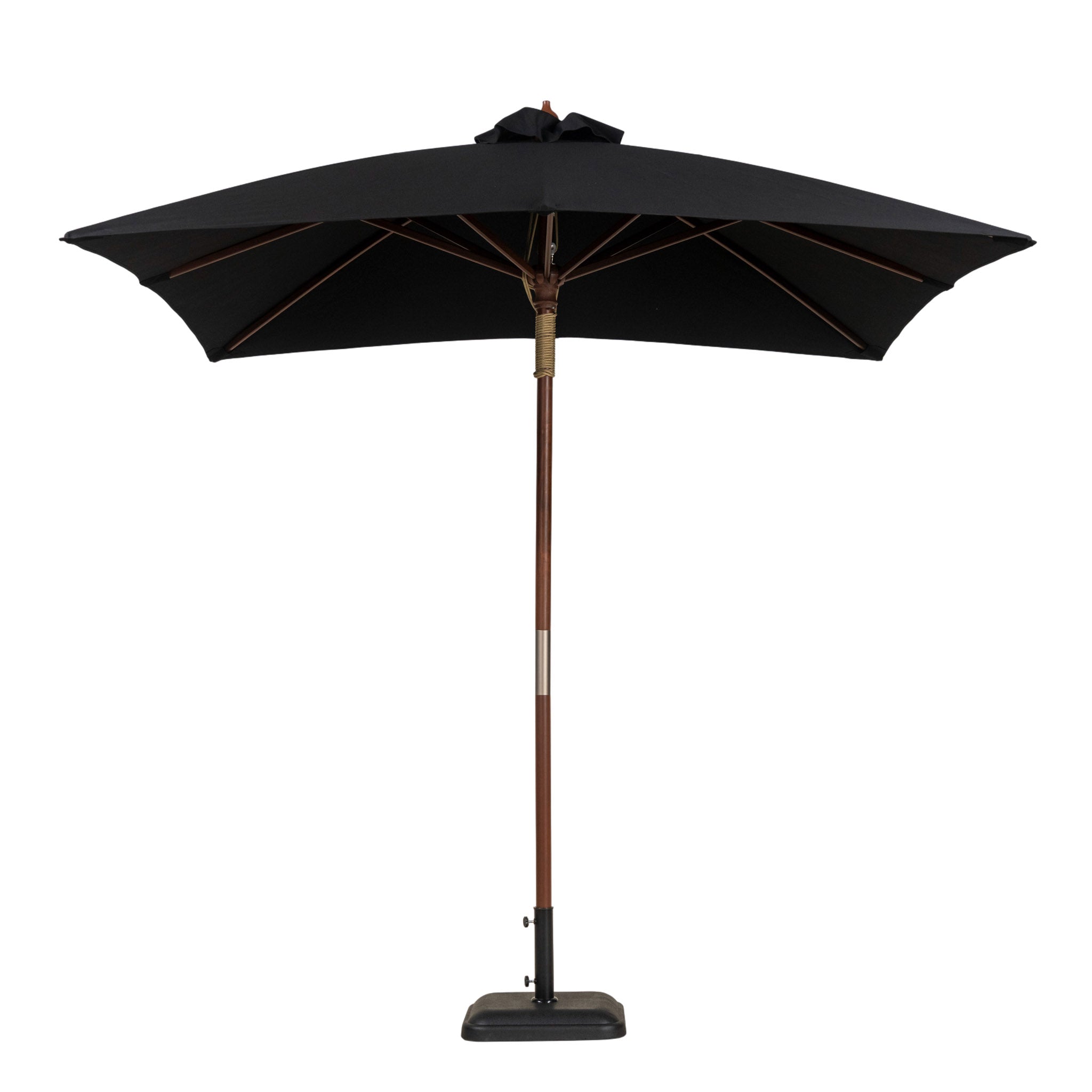 Dixon Sauleda Masacril square market umbrella with light canopy and hardwood pole. Black canopy.
