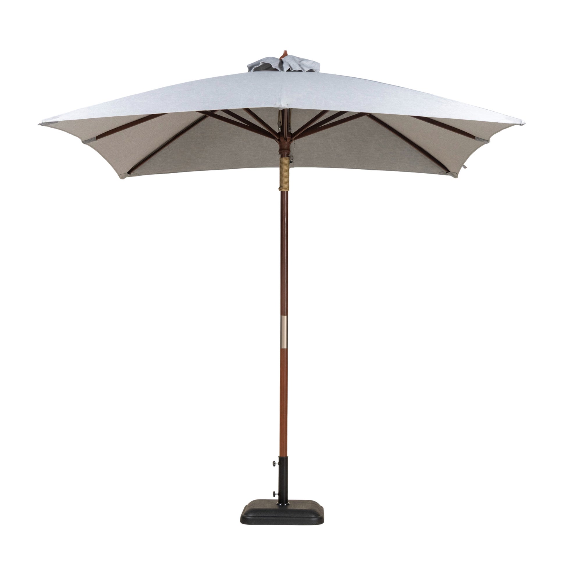 Dixon Sauleda Masacril square market umbrella with light canopy and hardwood pole. Grey canopy.