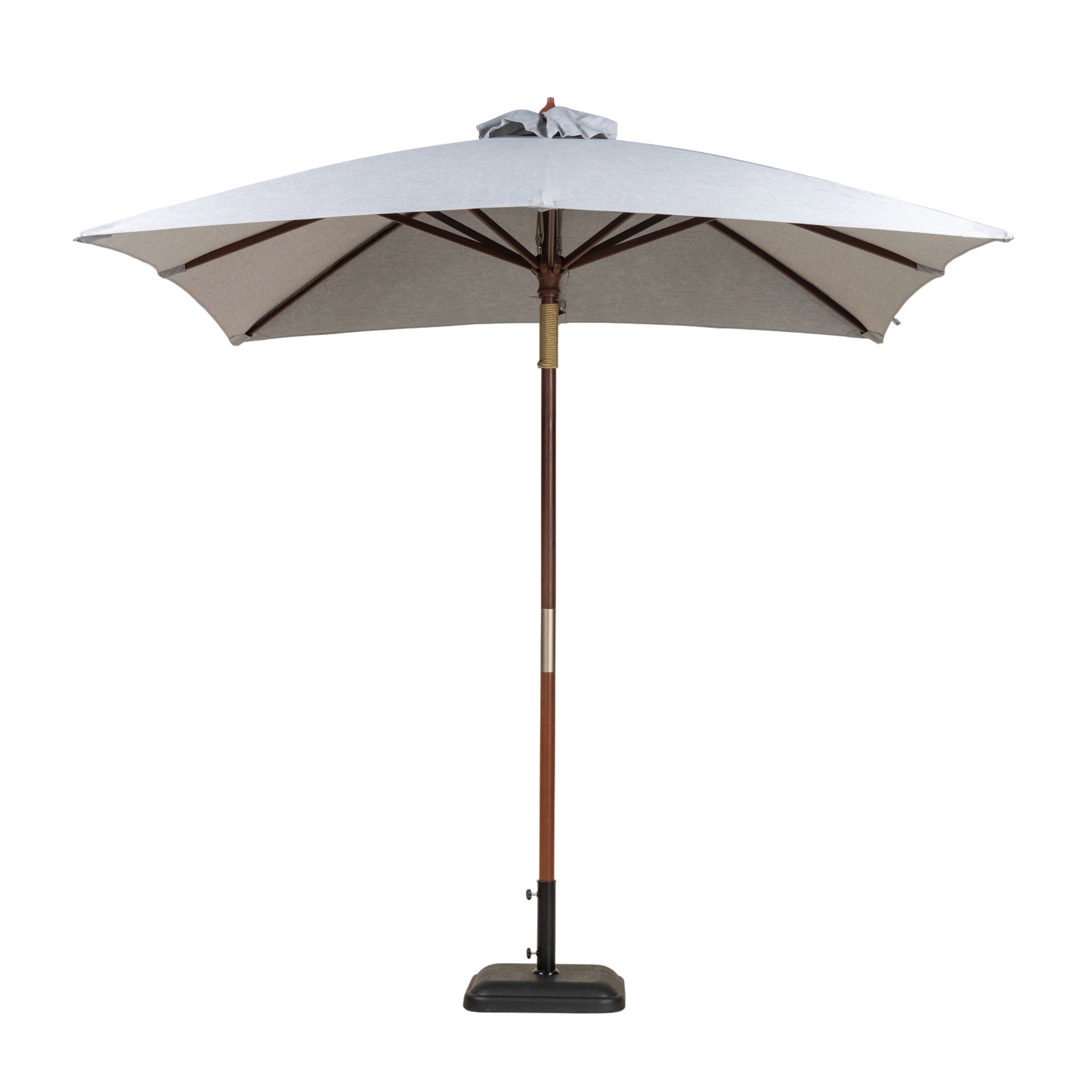 Dixon Sauleda Masacril square market umbrella with light canopy and hardwood pole. Grey canopy.