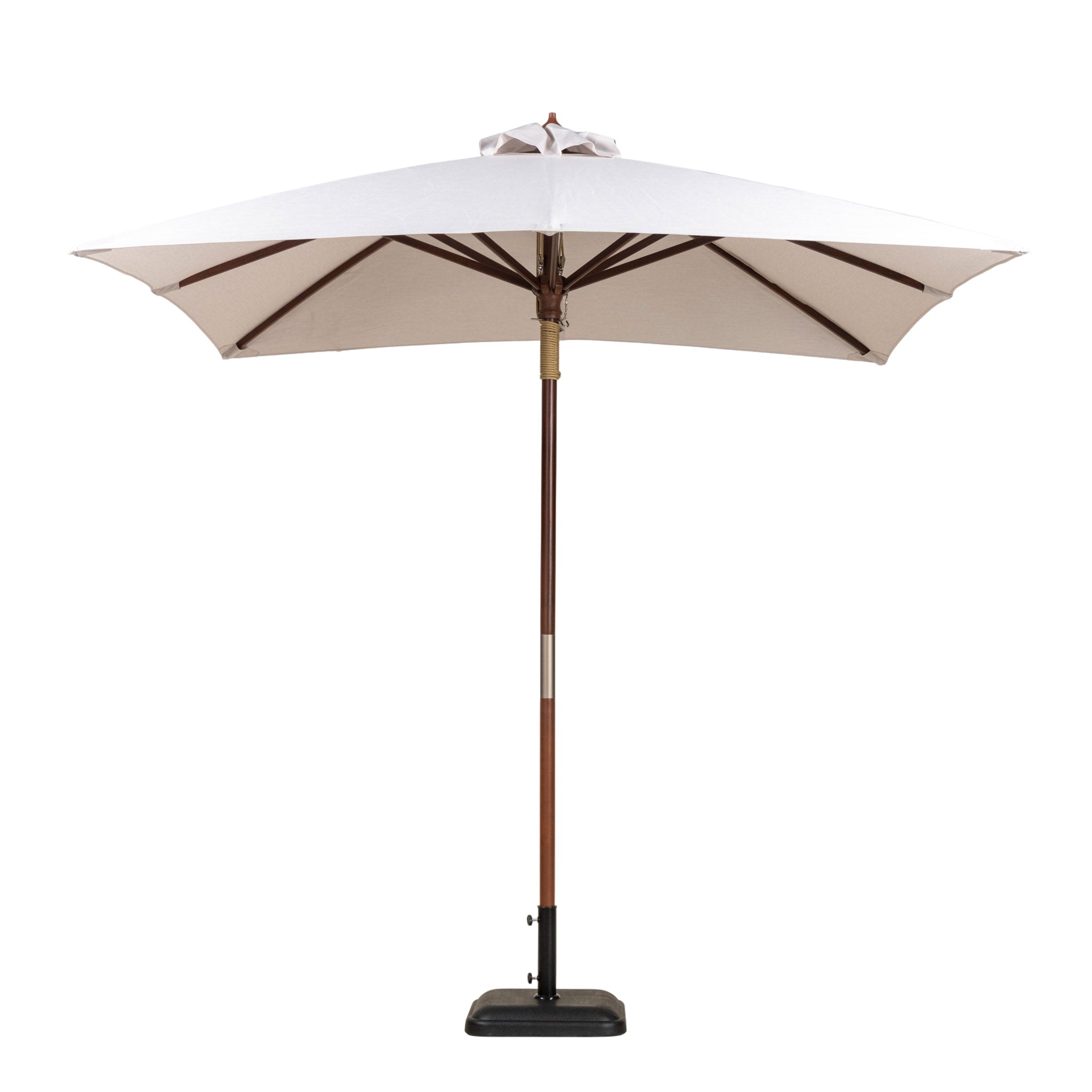 Dixon Sauleda Masacril square market umbrella with light canopy and hardwood pole. Whitewash canopy.