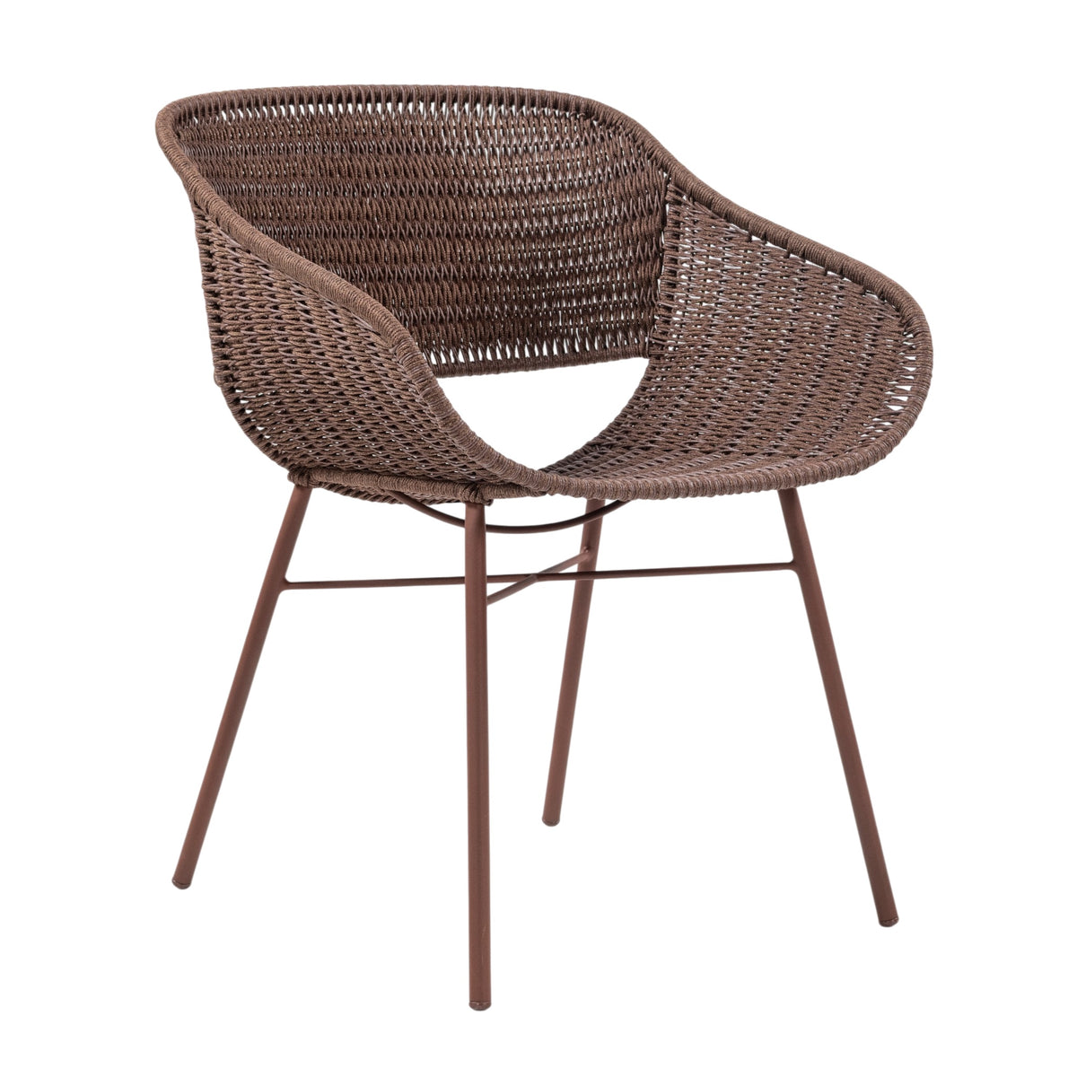 A modern woven wicker armchair with a brown metal frame and four tapered legs, shown from a three-quarter angle on a plain white background.