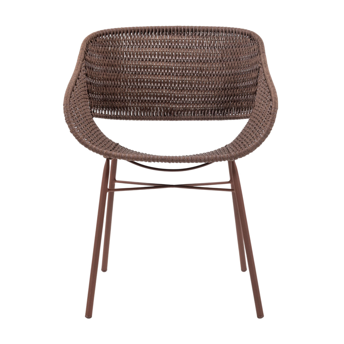 A modern woven armchair with a brown wicker seat and backrest, supported by a matching brown metal frame with four legs, shown against a plain white background.