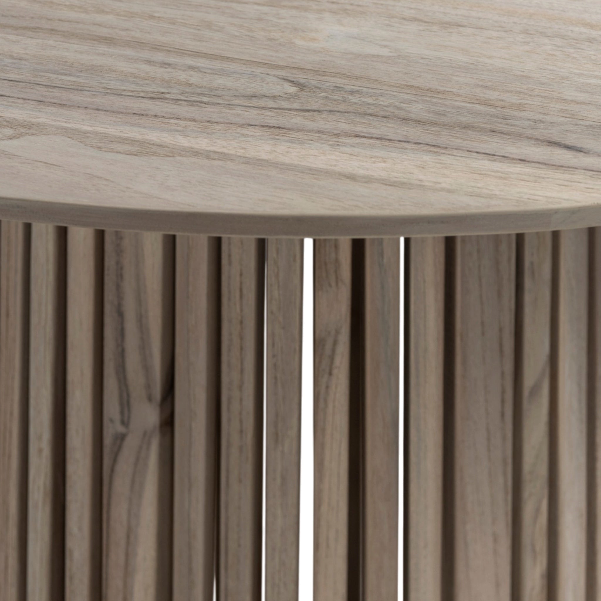 Closeup view of Federico outdoor bar table with round aged teak top and slated base.