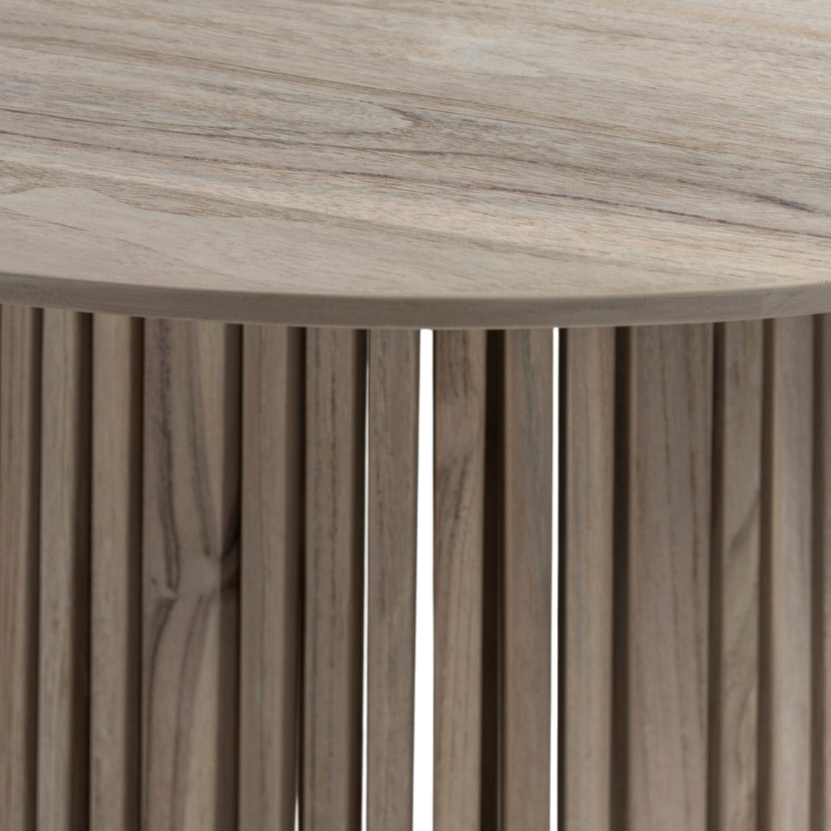 Closeup view of Federico outdoor bar table with round aged teak top and slated base.