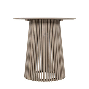 Federico outdoor bar table with round top and slated cylindrical base made with aged teak. Front view. 