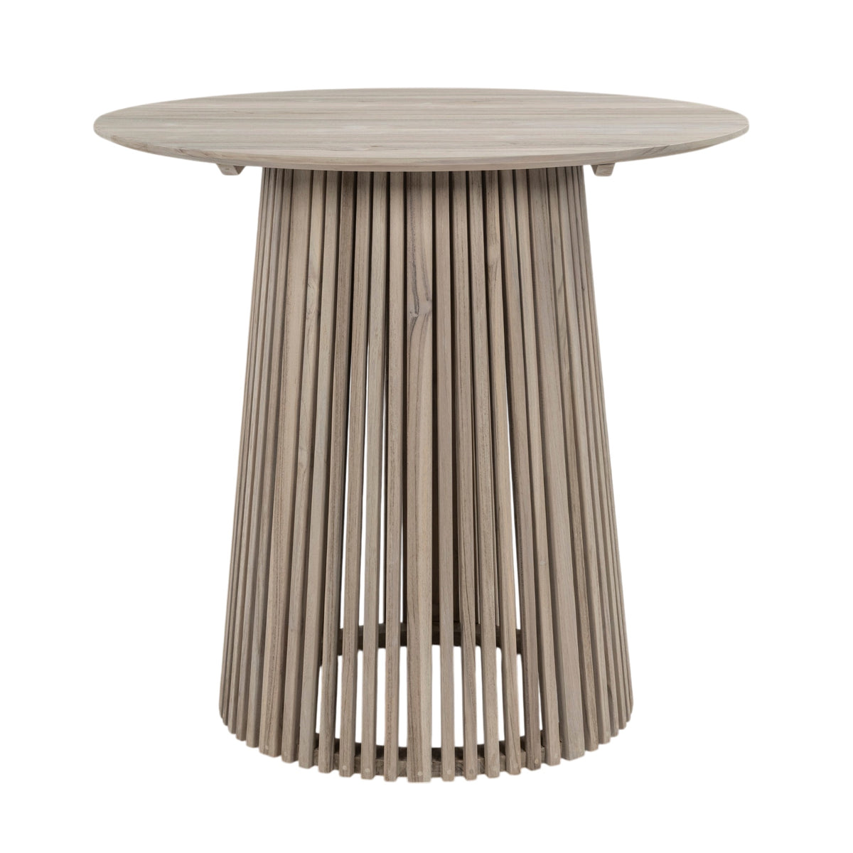 Federico outdoor bar table with round top and slated cylindrical base made with aged teak. Top overview. 