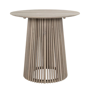 Federico outdoor bar table with round top and slated cylindrical base made with aged teak. Top overview. 