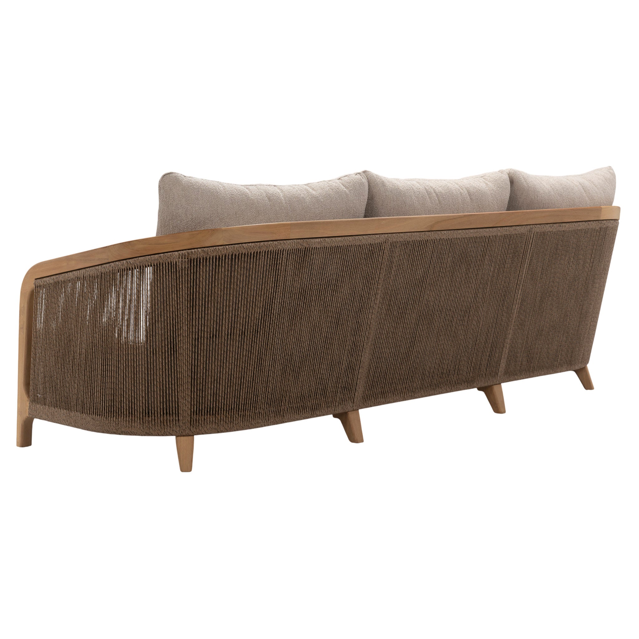 Side view of Fiorella Sofa with inset twisted hyacinth fibre panels and flared armrest
