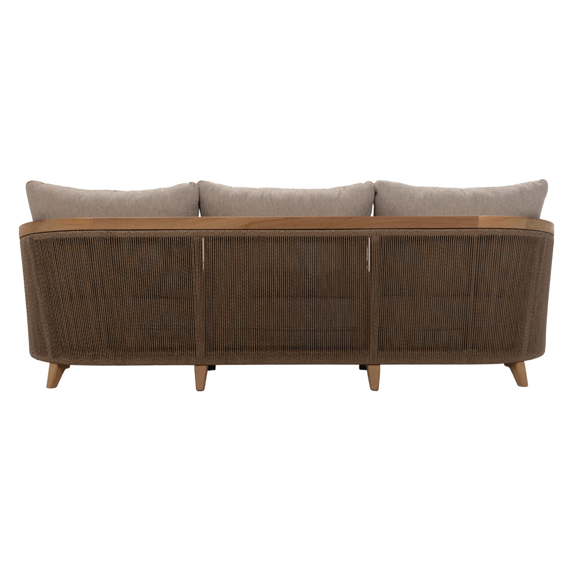 Back view of Fiorella Outdoor Sofa with full-width synthetic hyacinth weave and timber crossbar