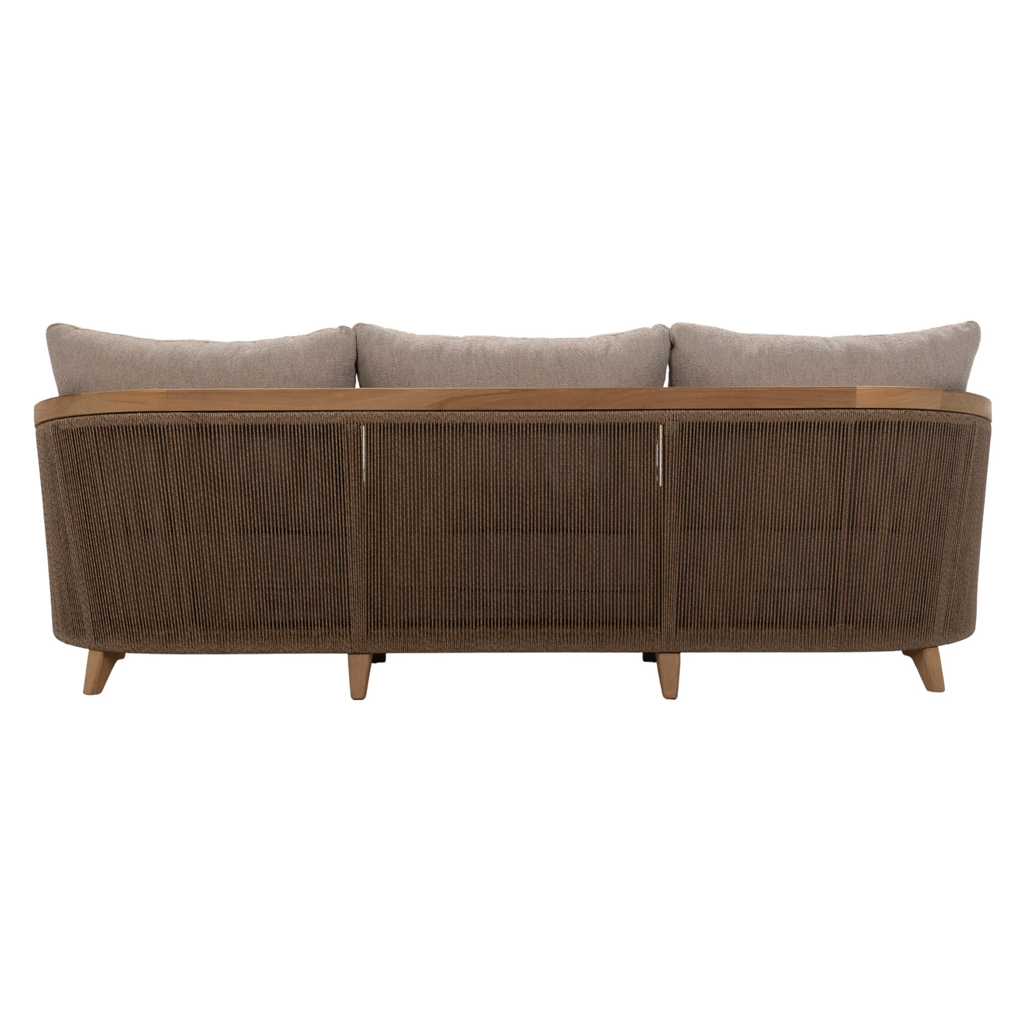 Back view of Fiorella Outdoor Sofa with full-width synthetic hyacinth weave and timber crossbar