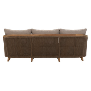 Back view of Fiorella Outdoor Sofa with full-width synthetic hyacinth weave and timber crossbar