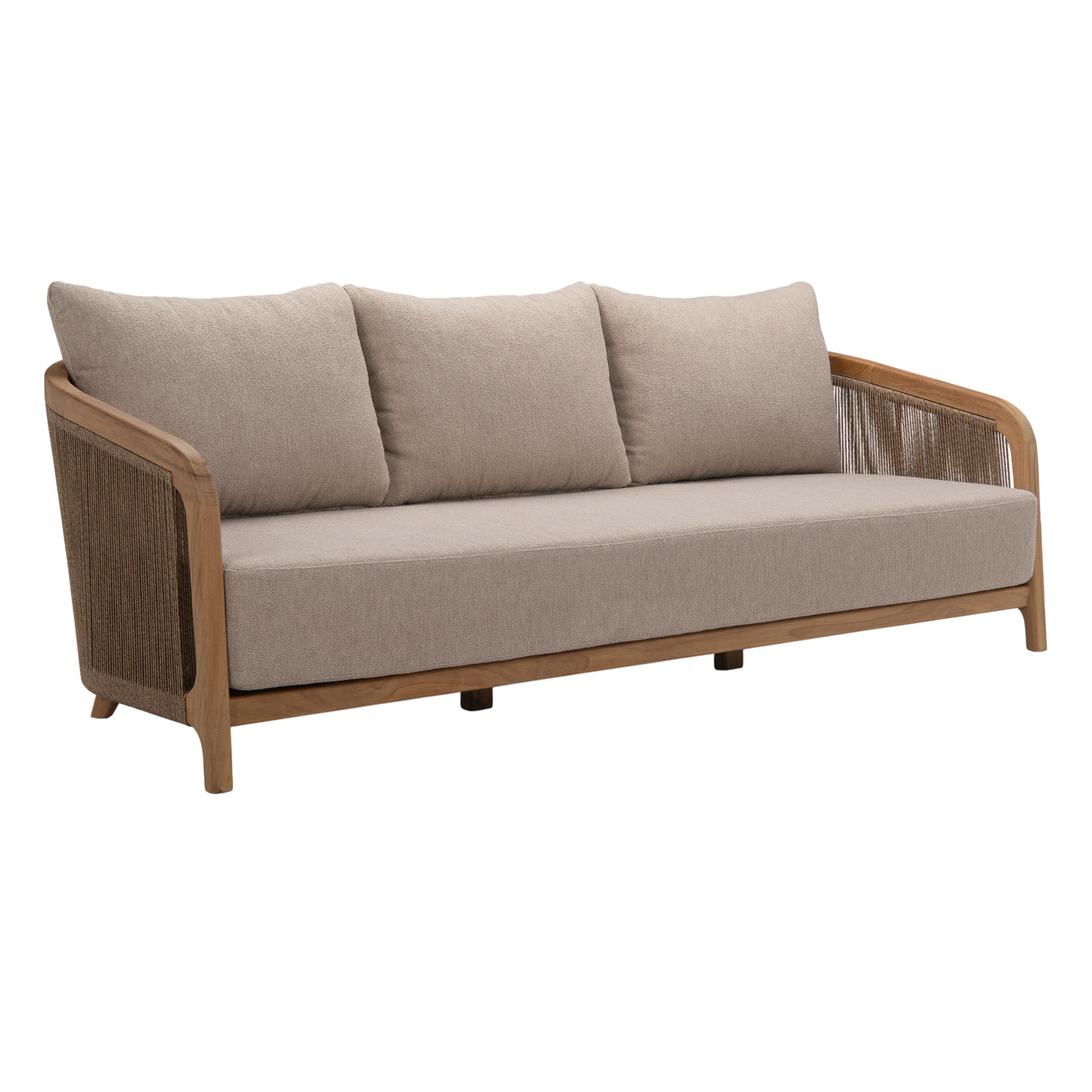 Fiorella Outdoor Teak 3-Seater Sofa with flared arms and twisted hyacinth weave, angled view