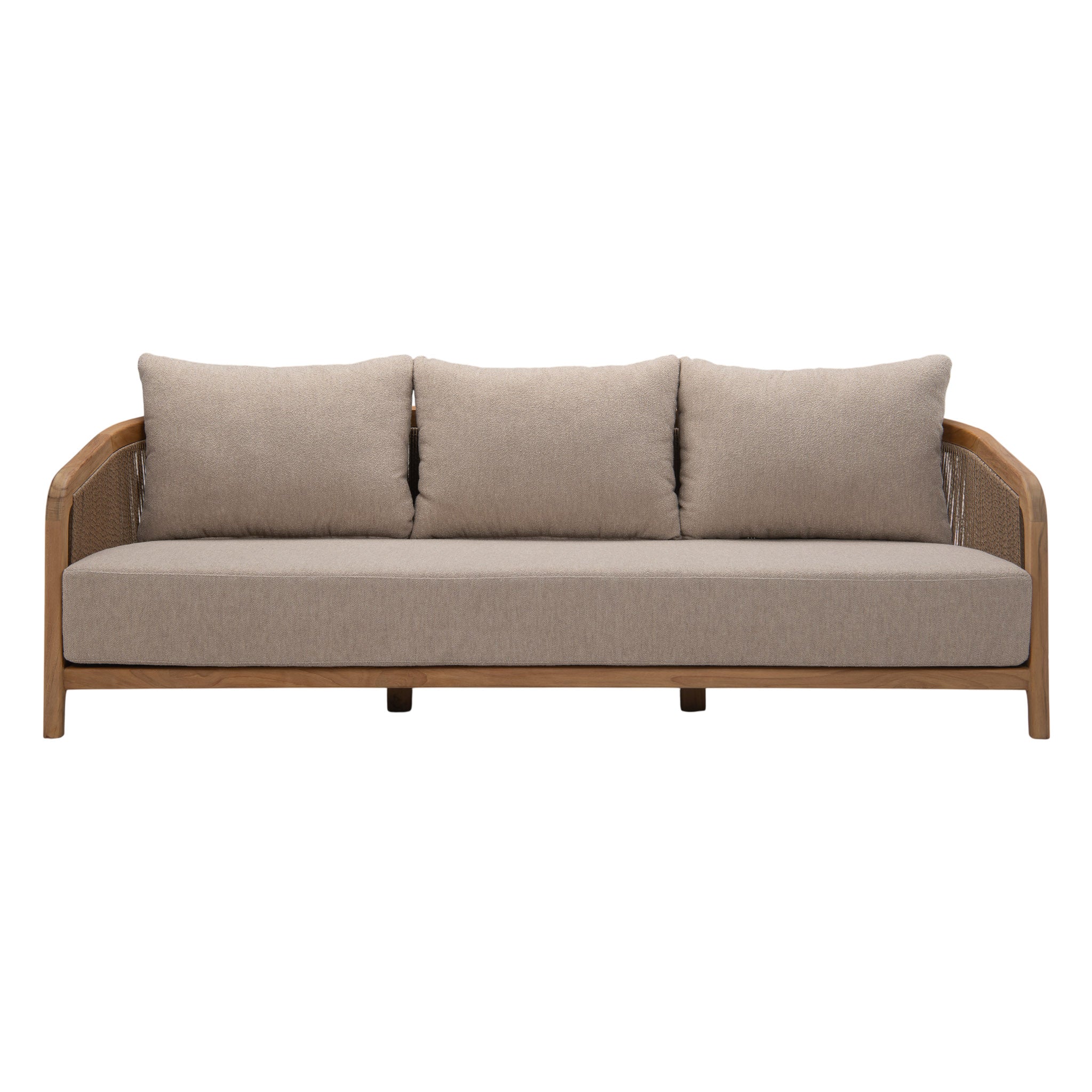 Front view of Fiorella Outdoor Sofa showing deep taupe cushions and sculpted teak frame
