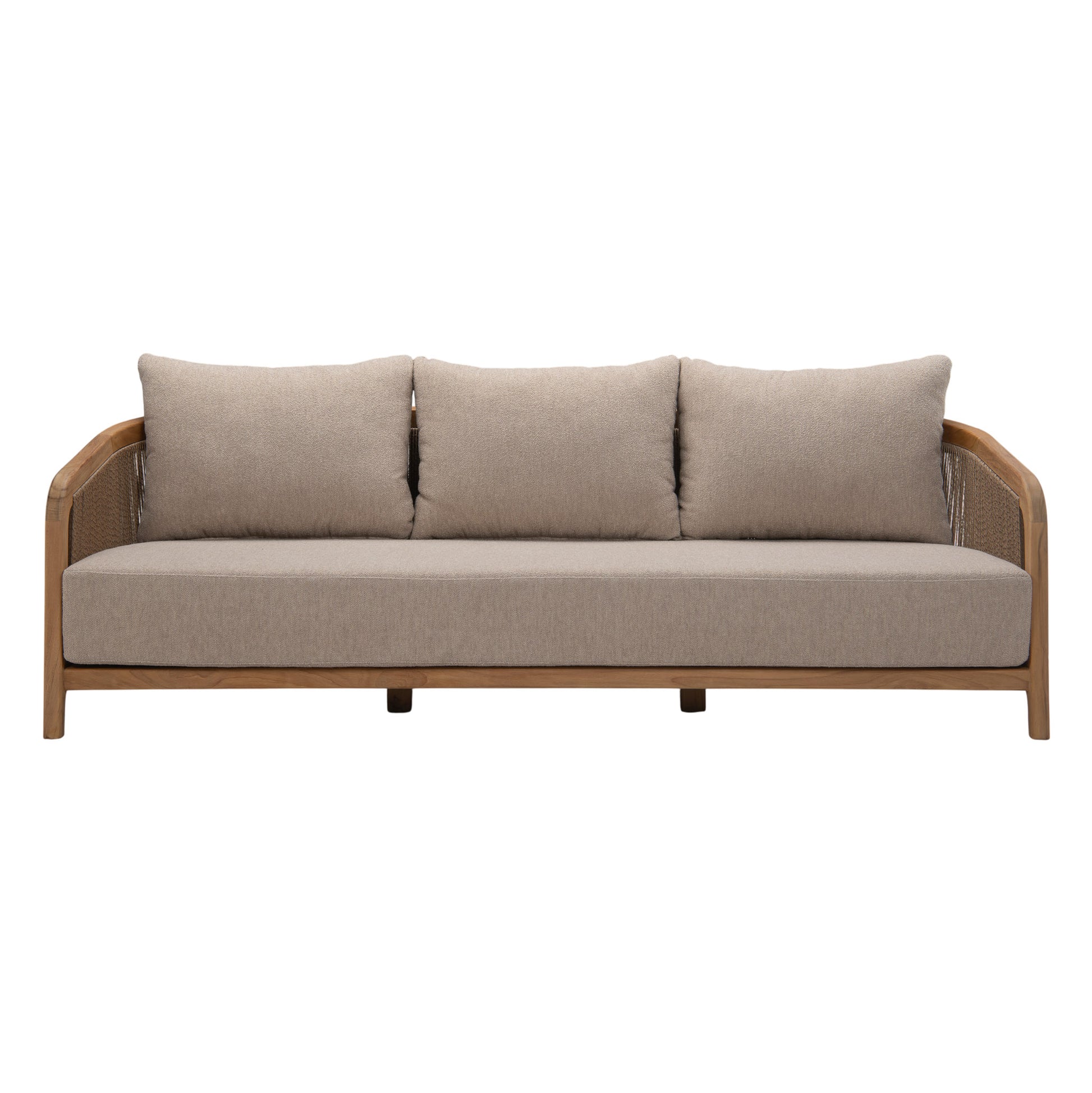 Front view of Fiorella Outdoor Sofa showing deep taupe cushions and sculpted teak frame