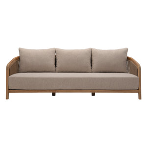 Front view of Fiorella Outdoor Sofa showing deep taupe cushions and sculpted teak frame