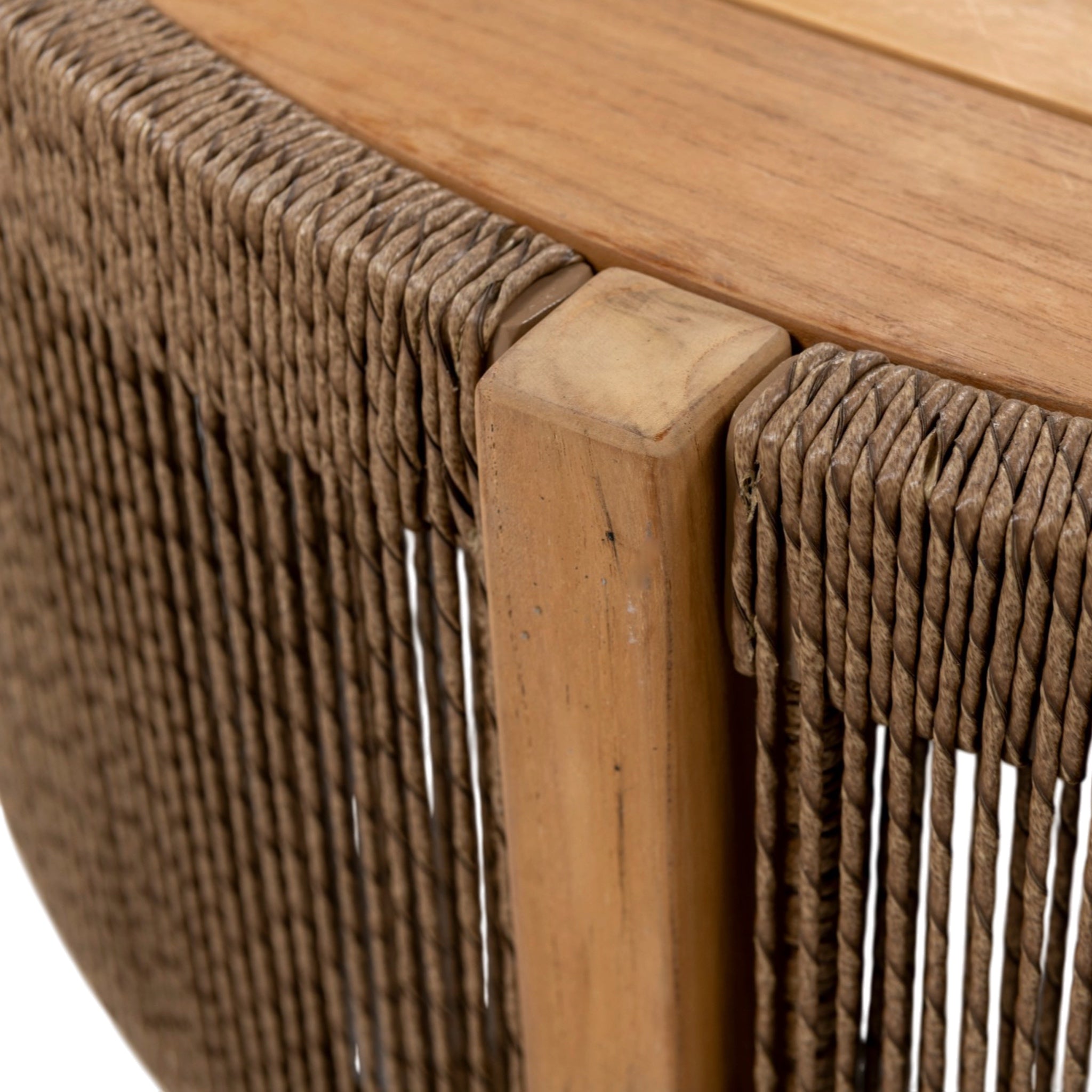 Close-up of Fiorella outdoor coffee table showing natural teak frame and woven rope detailing