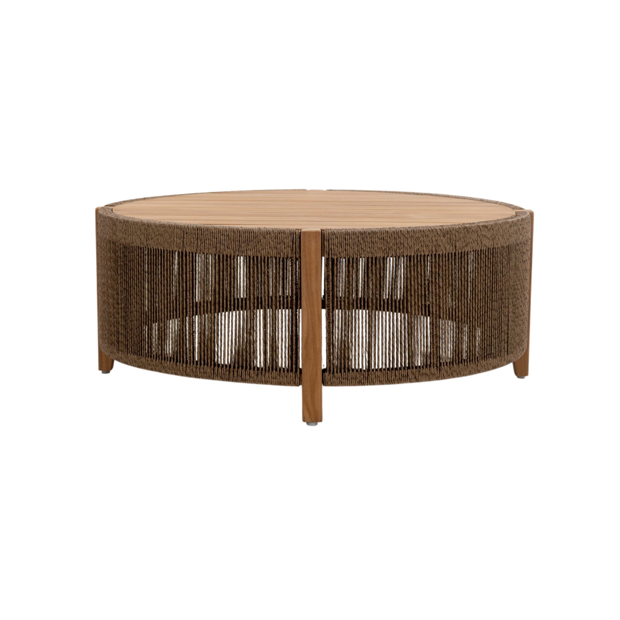 Fiorella outdoor teak coffee table with round timber tabletop and decorative rope woven circular base.