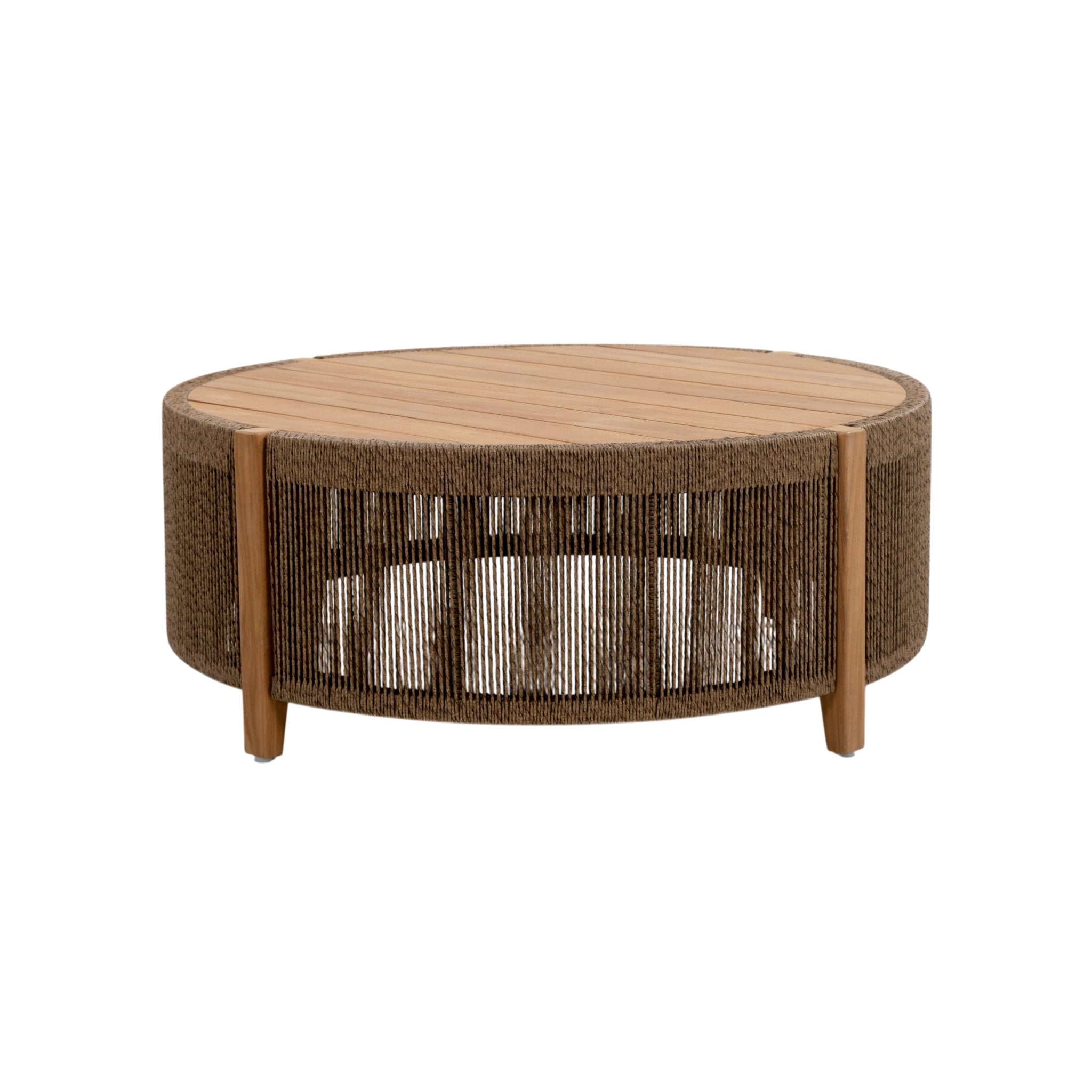 Side view of Fiorella outdoor coffee table showing open rope weaving around the circular base
