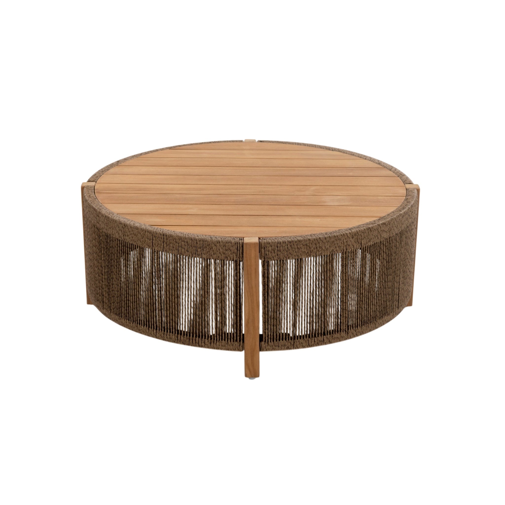 Front view of Fiorella teak coffee table showing round tabletop, vertical timber supports and woven rope sides.