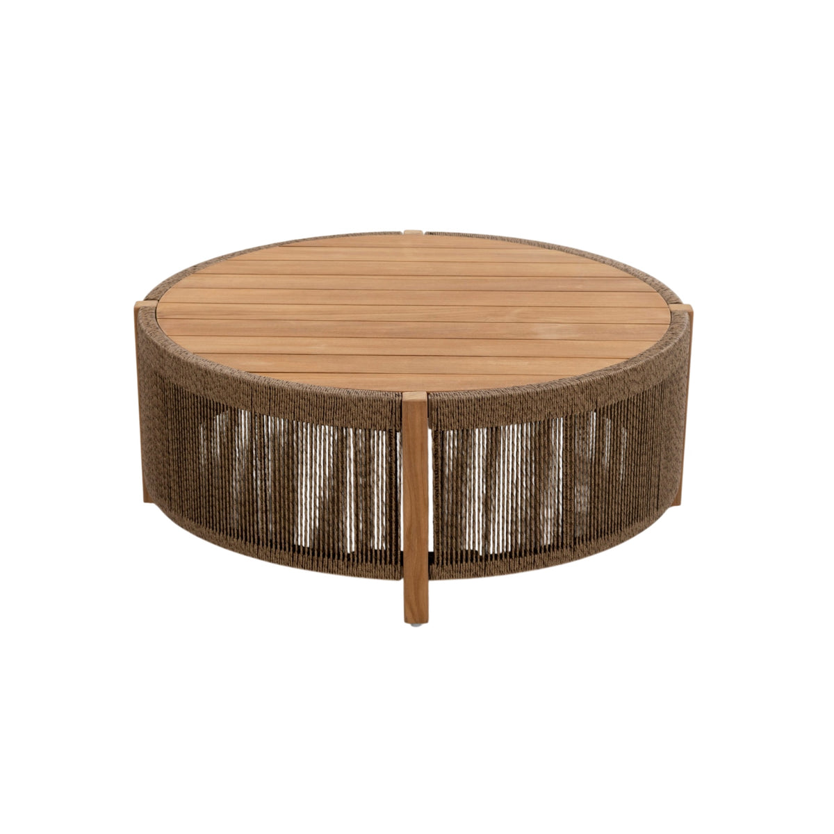 Front view of Fiorella teak coffee table showing round tabletop, vertical timber supports and woven rope sides.