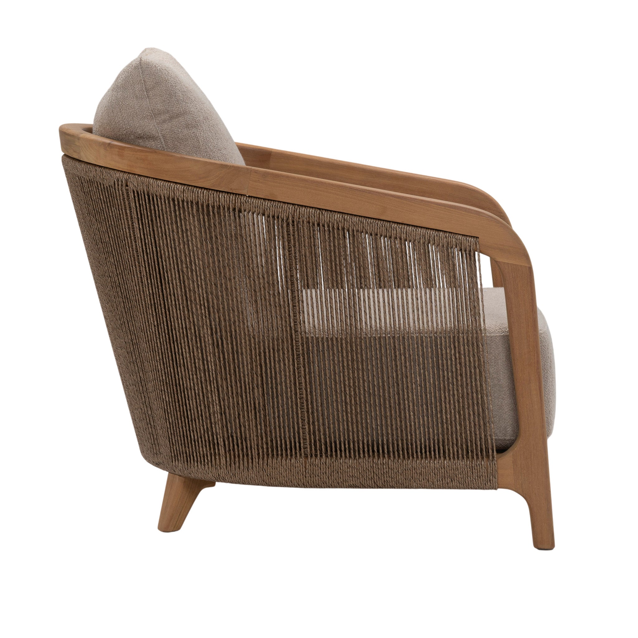 Side profile of Fiorella Lounge Chair with curved arm and woven panel