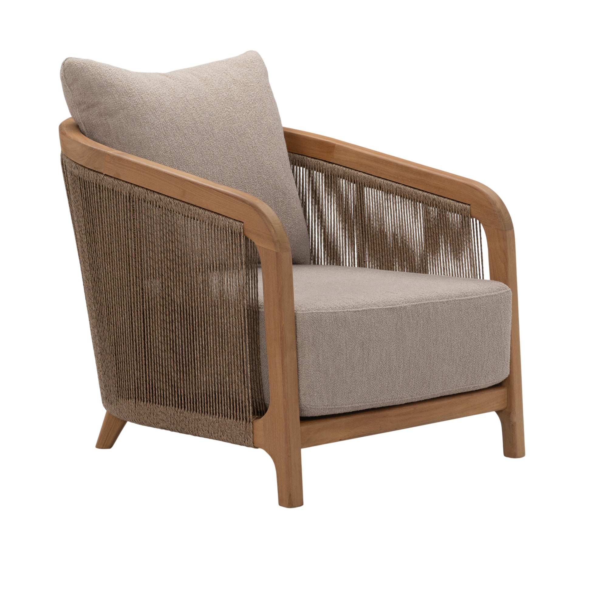 Fiorella Outdoor Teak Lounge Chair with flared arms and twisted hyacinth weave, angled view