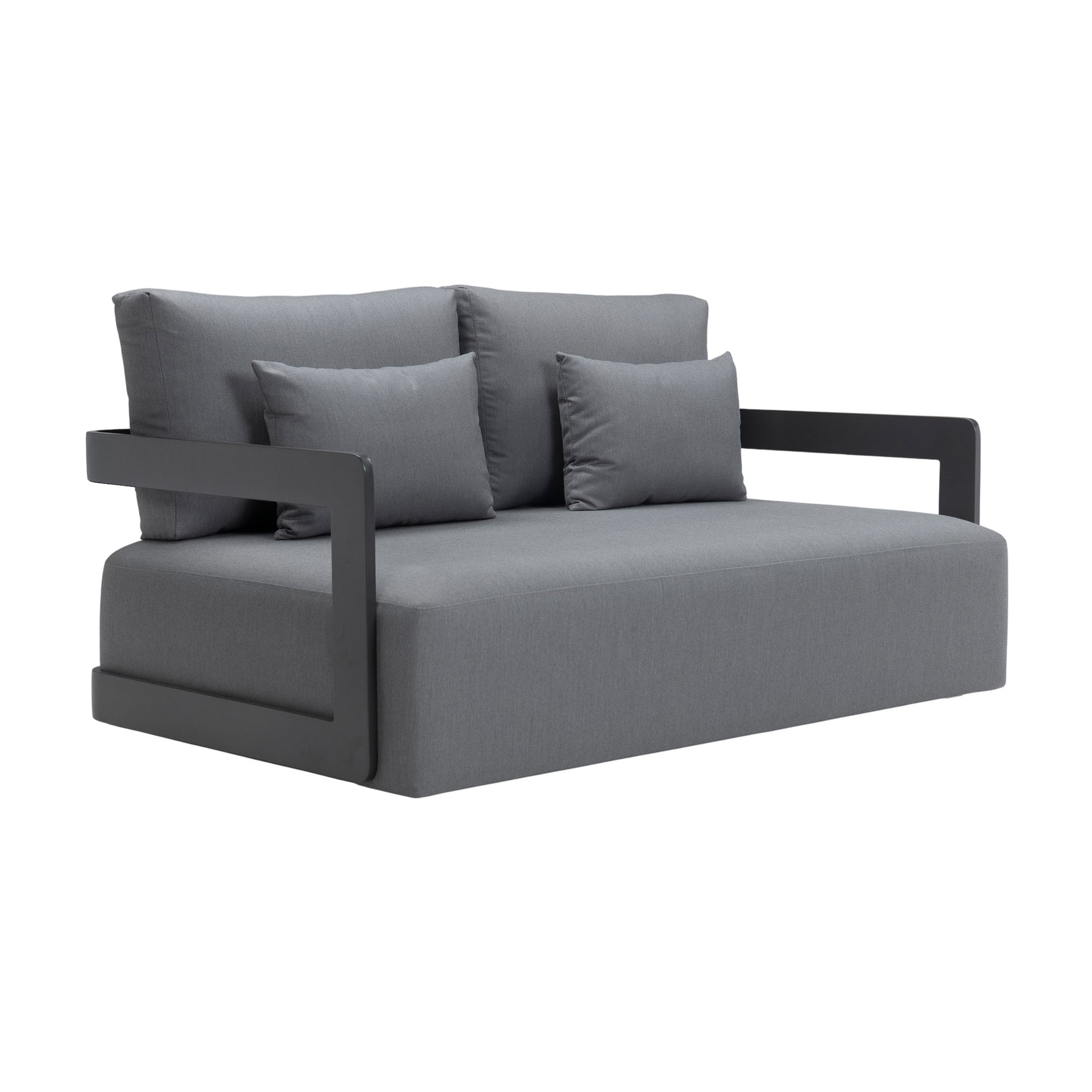 Franco aluminium 2-seater sofa with deep seating cushions and two pillows. Front angle view.