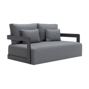 Franco aluminium 2-seater sofa with deep seating cushions and two pillows. Front angle view.