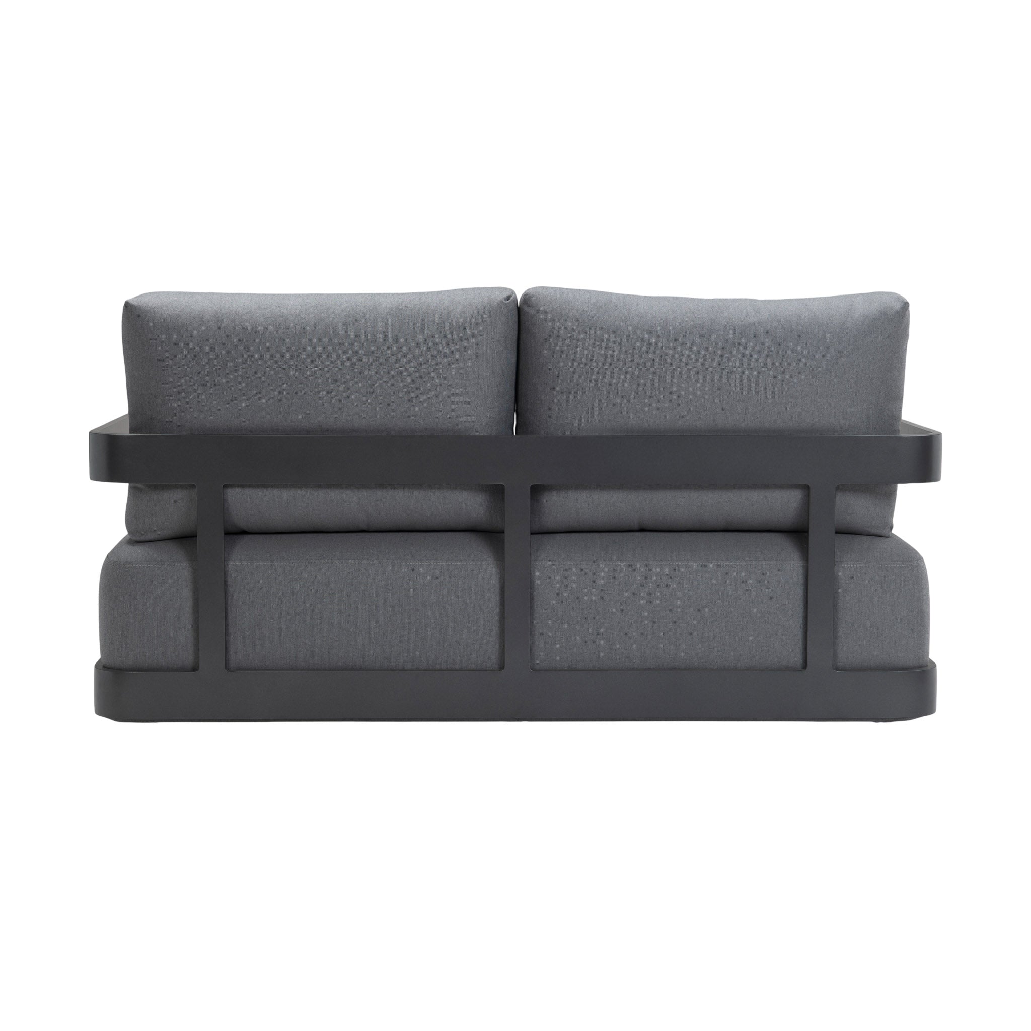 Franco aluminium 2-seater sofa with deep seating cushions. Rear view.