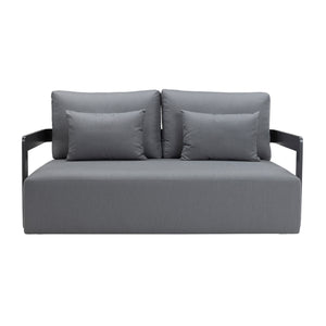 Franco aluminium 2-seater sofa with deep seating cushions and two pillows. Front view.