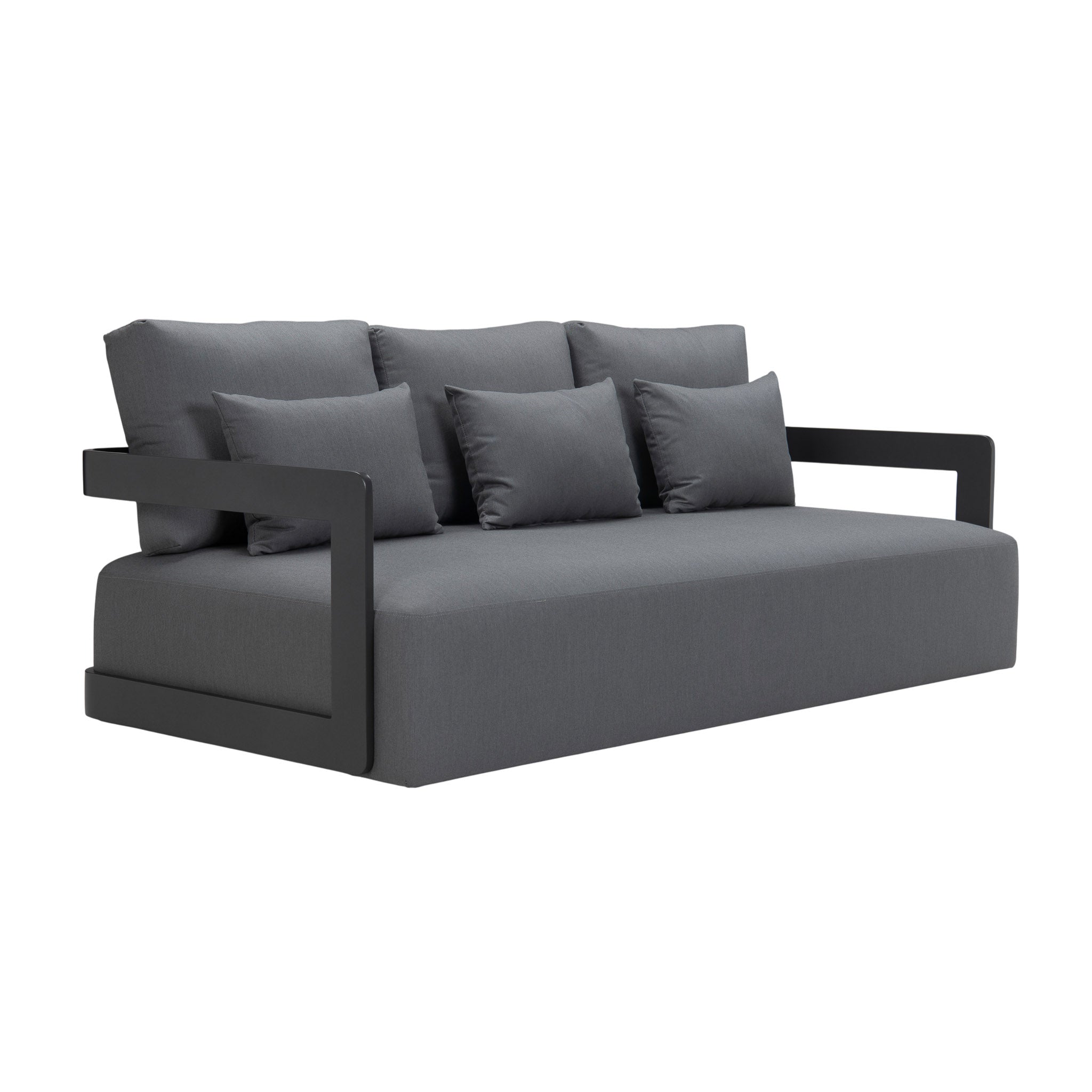 Franco aluminium 3-seater sofa in black with deep seating cushions and pillows. Front angle view.