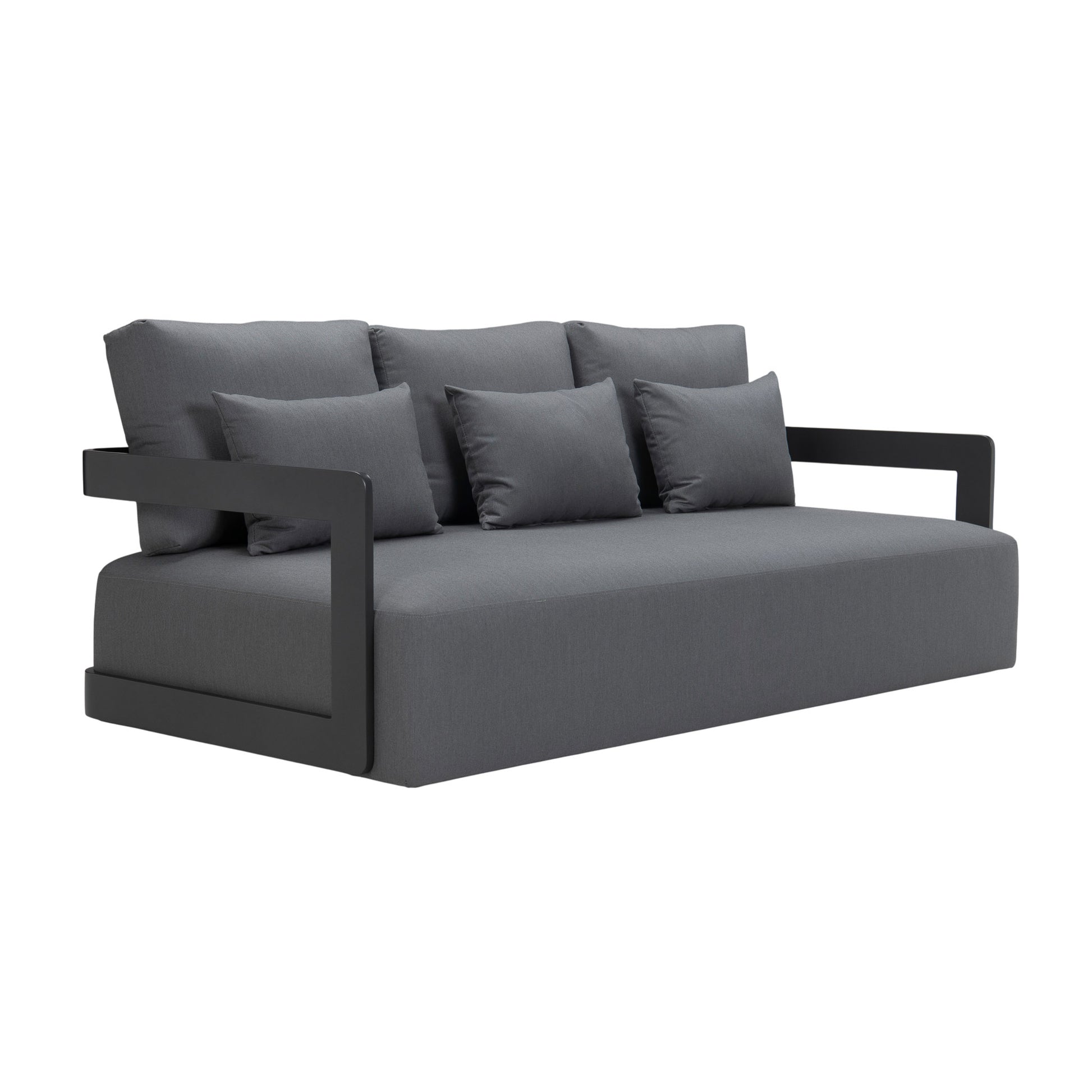 Franco aluminium 3-seater sofa in black with deep seating cushions and pillows. Front angle view.