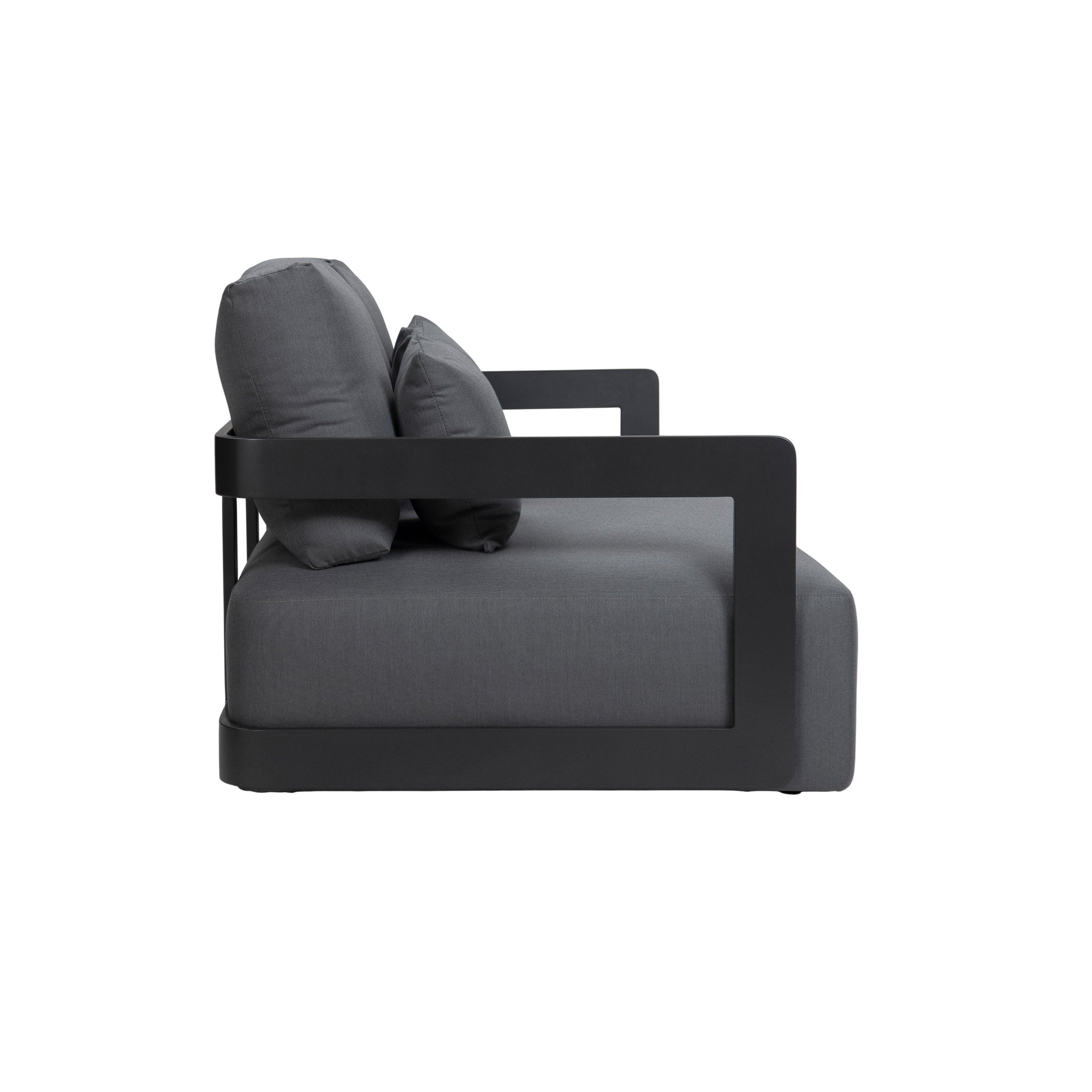 Franco aluminium 3-seater sofa in black with deep seating cushions and pillows. Side view.