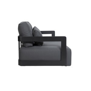 Franco aluminium 3-seater sofa in black with deep seating cushions and pillows. Side view.