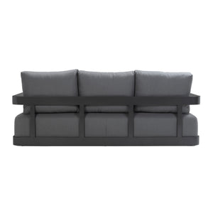 Franco aluminium 3-seater sofa in black with deep seating cushions and pillows. Rear view.