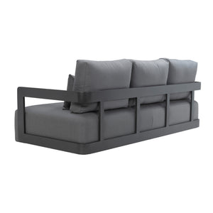 Franco aluminium 3-seater sofa in black with deep seating cushions and pillows. Rear angle view.