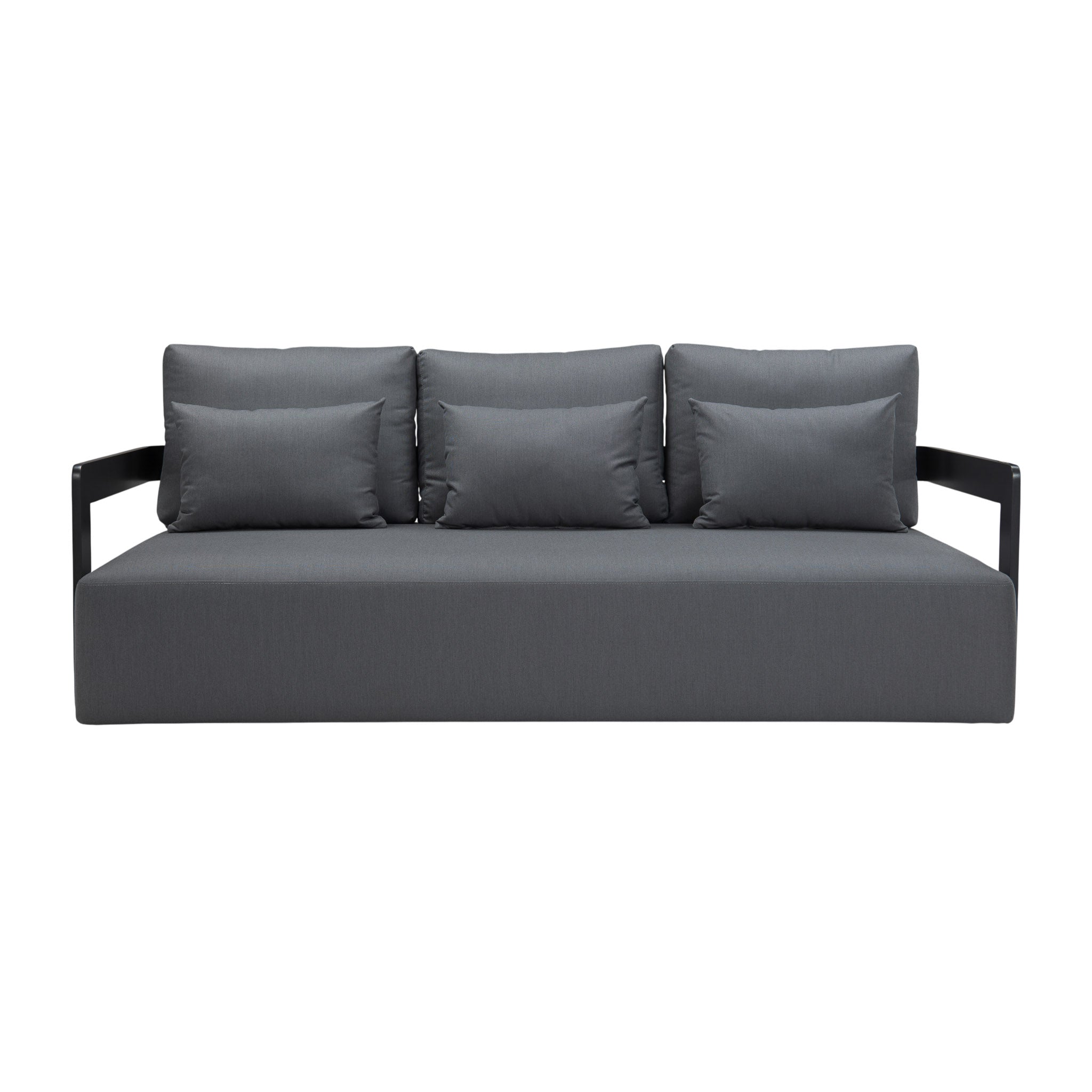 Franco aluminium 3-seater sofa in black with deep seating cushions and pillows. Front view.