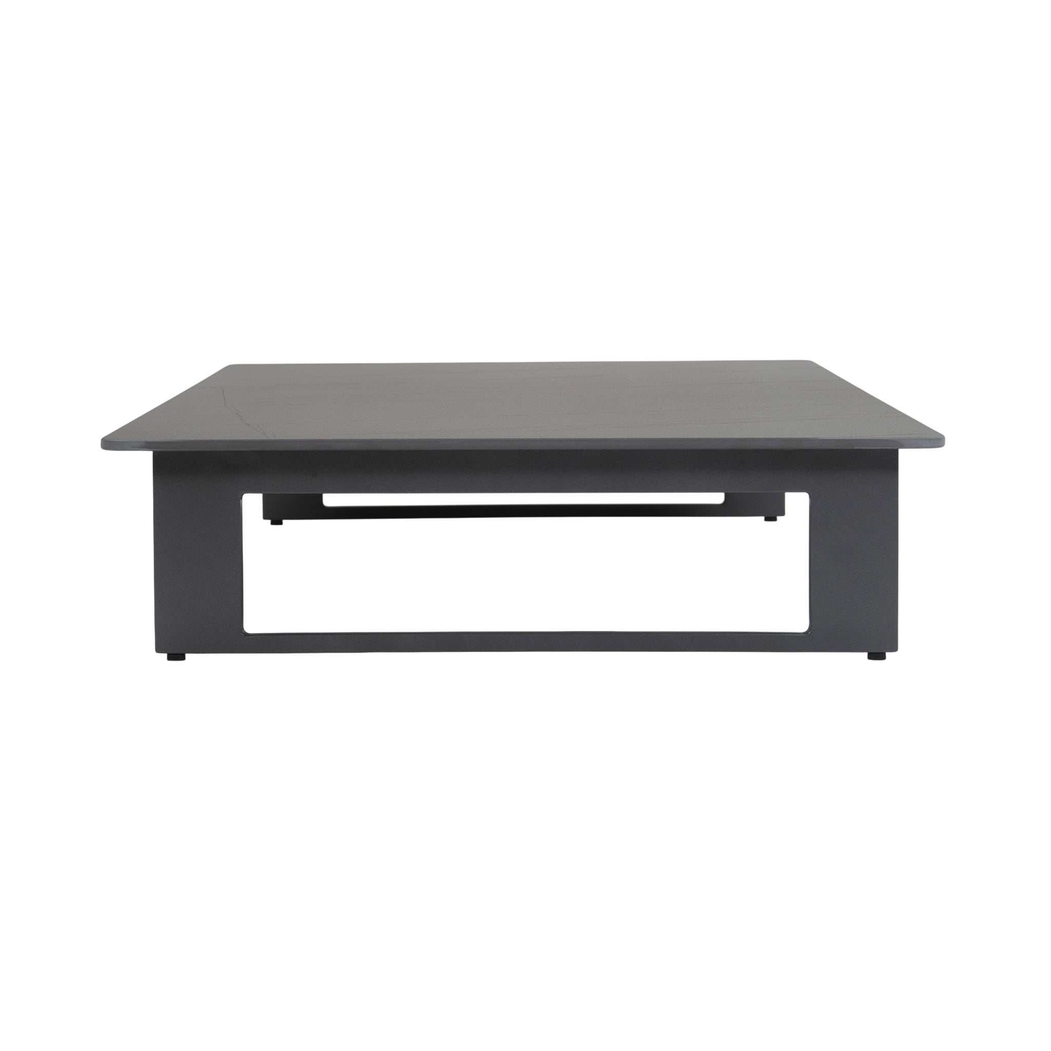 Low profile Franco aluminium coffee table. Straight side view.