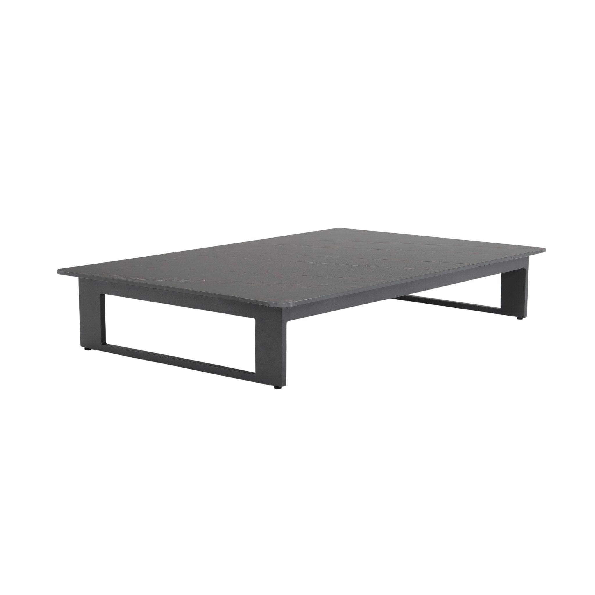 Low profile Franco aluminium coffee table. Front angle view.