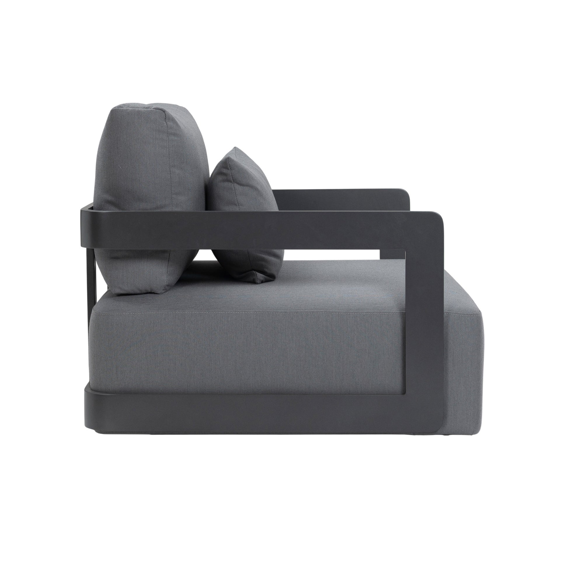 Franco aluminium lounge chair in black with deep seating seat and back cushion. Side view.